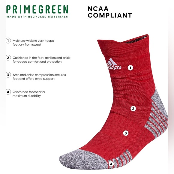 Adidas red and grey 5-Star Team High Quarter socks. - Picture 3 of 4